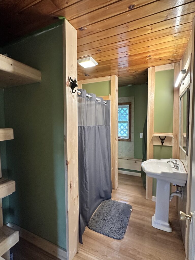 Bathroom with pine-paneled ceiling, a pedestal sink, a gray shower curtain and green walls