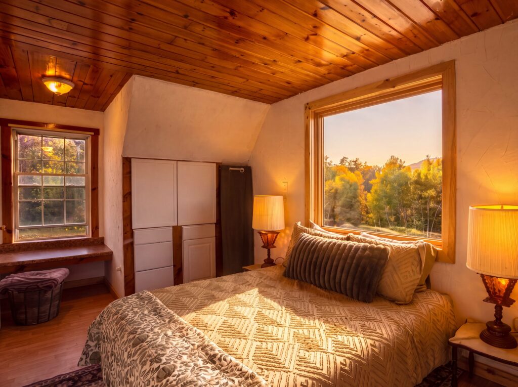Bedroom with a double bed, an ivory patterned bedspread, two table lamps and a large window looking onto trees
