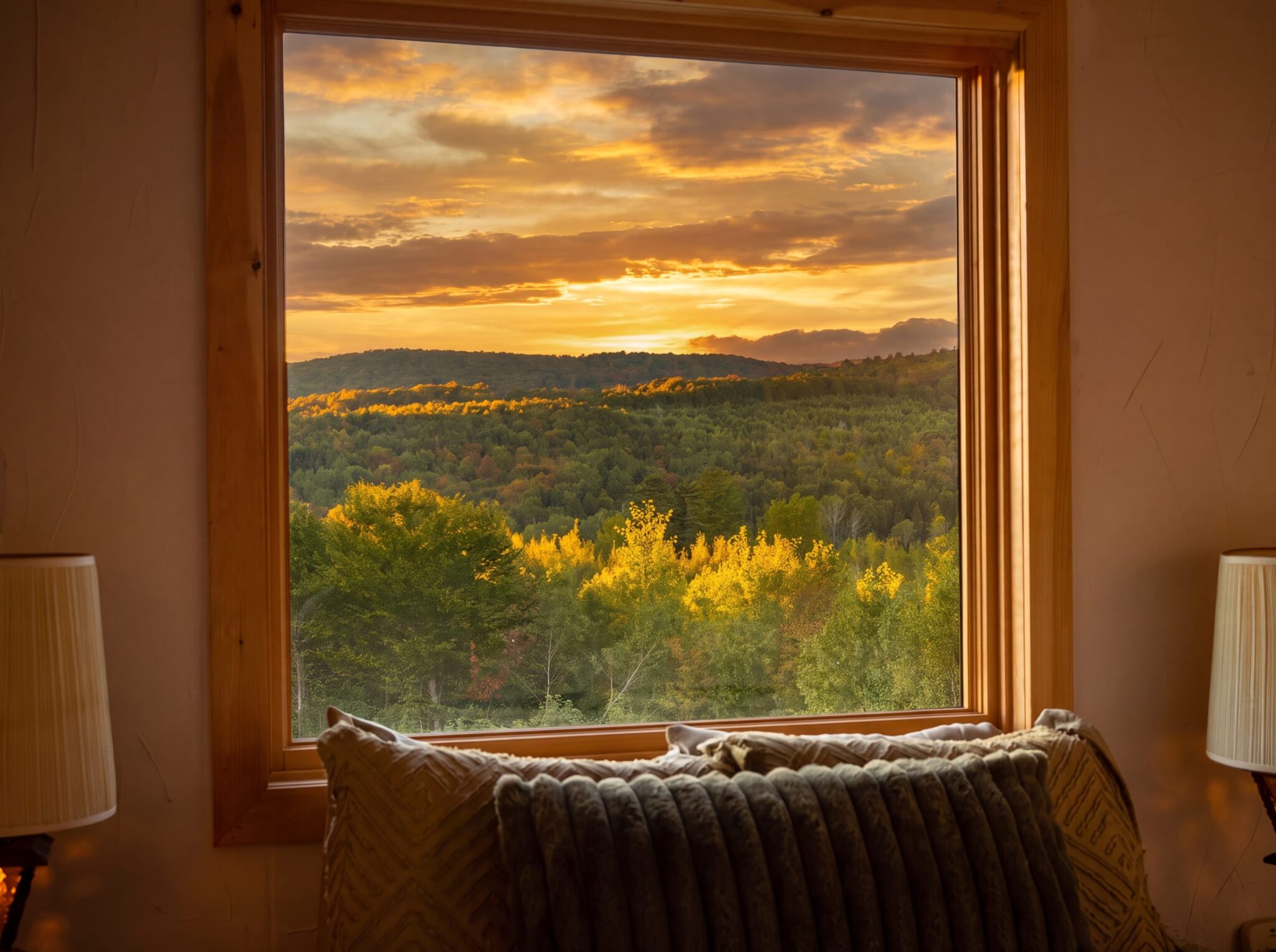 View through a wood-framed window of forested hills under a golden sunset sky