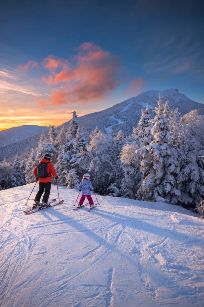 A skier in a red jacket and a child in a purple and pink ski suit on a snowy trail at sunset, with snow-covered evergreens and a mountain summit behind them