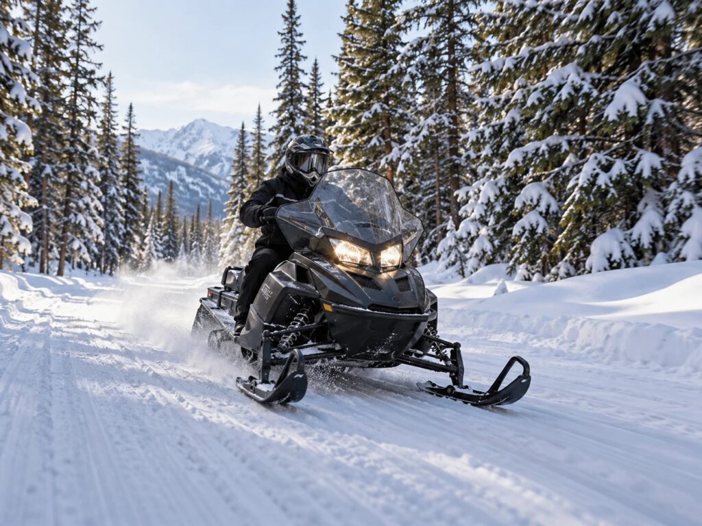 A rider in a black helmet and suit on a snowmobile on a groomed snowy trail lined with snow-covered evergreens, with mountains in the distance